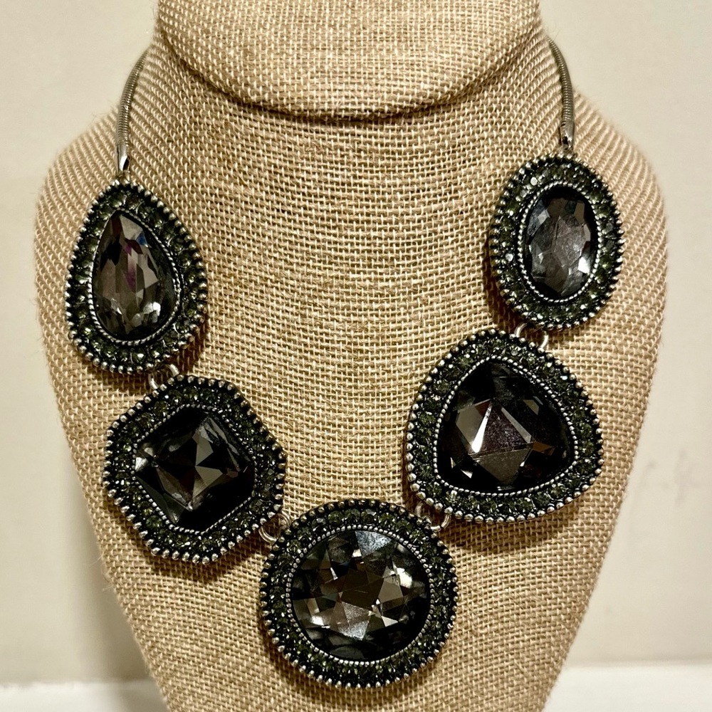 Elegant Gunmetal Statement Bib Necklace with large Geometric Crystals